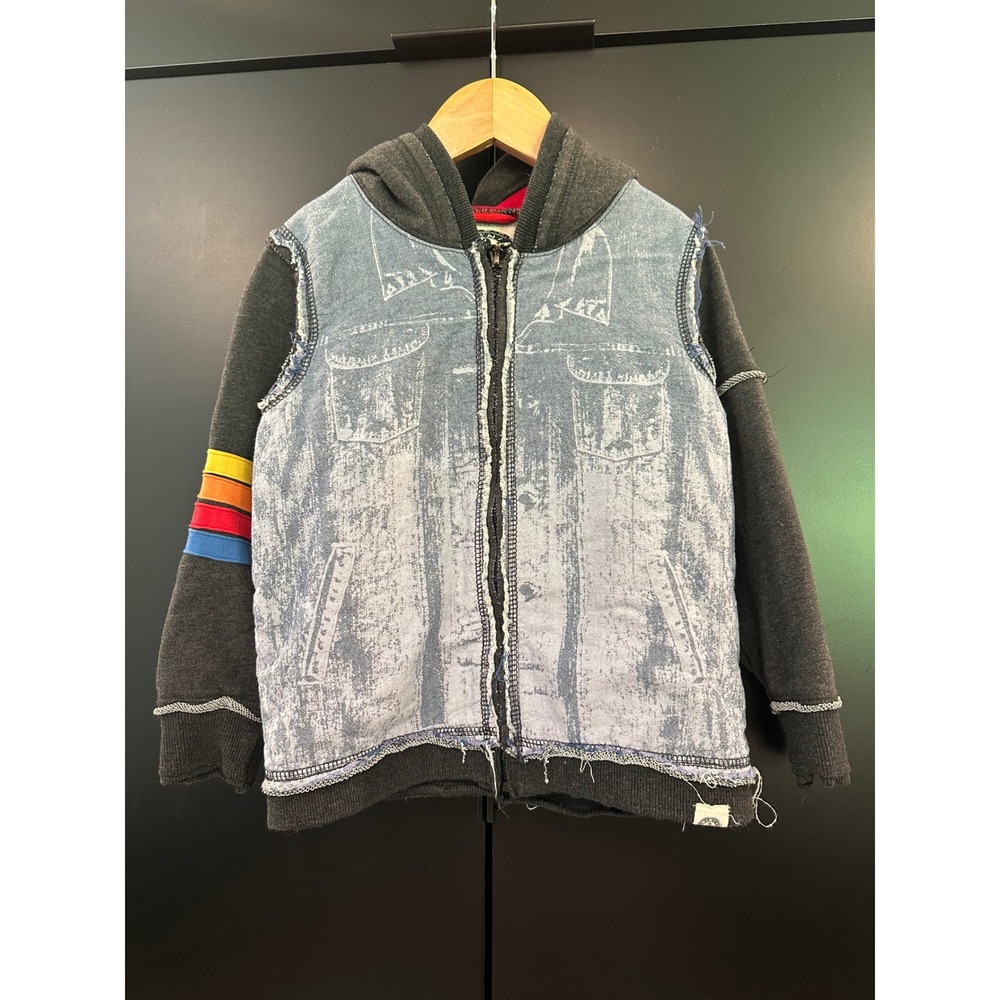 Mini Shatsu Boys Faux Denim Vest Zip Up Hoodie Rainbow Stripe Grey Blue Size M